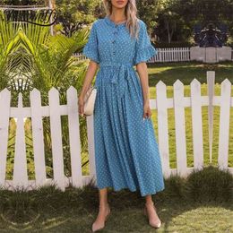 O-Neck Frill Trim Elegant Button Women Dresses Summer High Waist Short Sleeve Printing Long Dress with Belt 210510