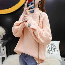 Turtleneck Loose Button Decoration Sweater Female Long-sleeved Solid Simple Small Fresh Pullover Women Spring 210427