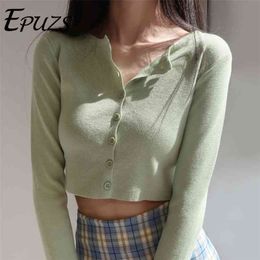 Korean O-neck Short Knitted Sweaters Women Pink Cardigan Fashion long sleeve Sleeve Crop Top Sweet crop sweater 210917