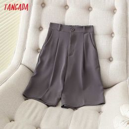 Tangada Fashion Women Grey Suit Shorts Pockets Strethy Waist Office Lady Shorts 7H06 210609