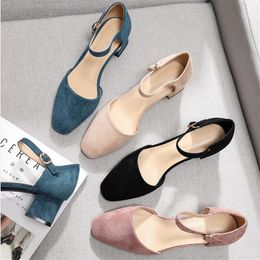 Woman Shoes Summer Women Square High Heels Office Lady Flock Ankle Strap Career Heeled Elegant Sexy Wedding Woman Pumps 210520