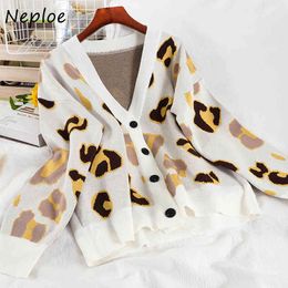 Neploe Hong Kong Style Chic Leopard Pattern Cardigans V-neck Single Breasted Knitted Jacket Loose Casual Women Sweaters 1H792 210423