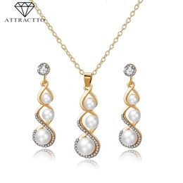 Earrings & Necklace ATTRACTTO Simple Suit Pearl Sets Gold For Women Wedding Bridal Elegant Lady Charm Jewelry Set SET190007