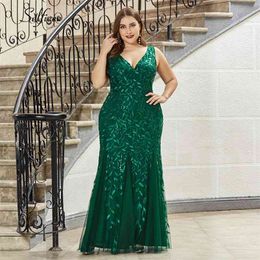 Plus Size Party Dress Women Elegant Mermaid V Neck Sequined Long Party Dresses Large Sizes Bodycon Robe Longue Femme Ete Vestido 210331