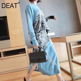 DEAT Knit Elastic Suit Woman Full Sleeve Round Collar Zebra Pattern Tops + Pick Hip Slim Skirt New Autumn Fashion A151 210330