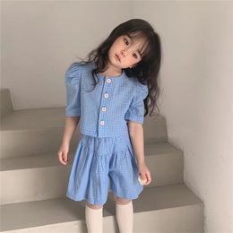 Summer Arrival Girls Fashion Plaid Sets Top+shorts Clothes Kids Clothing 210528
