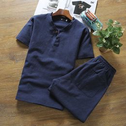 Linen Short-sleeved T-shirt + Shorts 2Pcs Men Cotton Linen Causal Suit For Male Summer Spring Autumn Y0831