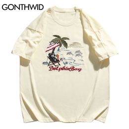 Tshirts Harajuku Embroidery Dolphin Coconut Tree Streetwear Tee Shirts Hip Hop Fashion Short Sleeve Cotton Tops 210602