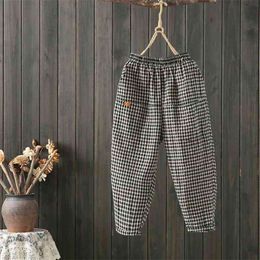 Summer Fashion Women Elastic Waist Harem Pants cotton linen Plaid Casual Loose Plus Size vintage Ankle-length S737 210512