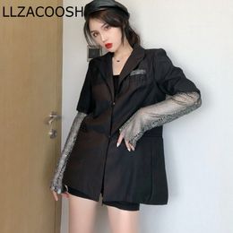 Spring black Blazer For Women Long Sleeve Diamond Patchwork Long Elegant Coat Female Fashion women Clothing 210514