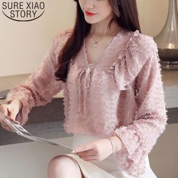 Blusas Mujer De Moda Ladies Chiffon Blouse Pink Shirts Women Tops And Blouses Bow Solid V-Neck Flare Sleeve 5755 50 210415