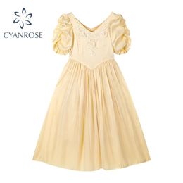 French Elegant Satin Yellow Dresses Women's Summer Stylish V Neck Puff Sleeve Waist Down Mesh Stitching Fairy Vestidos 210515