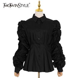 TWOTWINSTYLE White Patchwork Ruffle Shirt For Women Lapel Long Sleeve Casual Tunic Blouse Female Fashion Clothing Style 210517