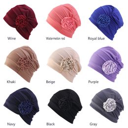 New Flower Shape Turban Beanie For Women Soild Colour Chemo Cap Elastic Sleep Bonnet Muslim Hijabs Cap India Cap Hair Accessories