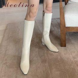 Meotina Women Knee High Boots Shoes Genuine Leather Block Heels Lady Boots Pointed Toe High Heel Long Boots Autumn Winter 33-40 210608