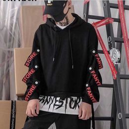 Hoodies Sweatshirts Men Hooded Fake Two Pieces Drawstring Letter Ribbons Men Boys Pullover Top Hip Hop Streetwear Hoodies 210927