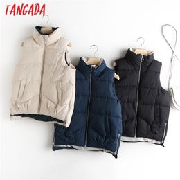 Tangada Winter Side Zipper Vest For Women Waistcoat Female Sleeveless Jacket Pocket Vest cotton feminino 7L1 210817