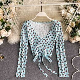 Sweet V Collar Women's Ribbon Wear High Street Shirt Fashion Long Sleeve Harajuku Short Tops Blouse P522 210527