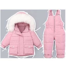 2Pcs Set Children's Clothing Set Winter Down Baby Girl Clothes Overalls for Babies Warm Fur Collar Boy Snowsuit Infant Outwear H0909