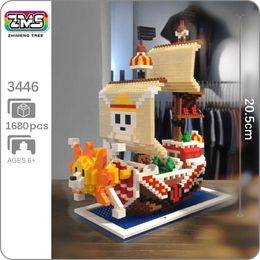 CB ZMS 3446 Anime One Piece Luffy Thousand Sunny Pirates Ship Boat 3D Model Mini Diamond Blocks Building Toy For Children No Box Q0723