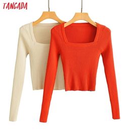 Tangada Women Fashion Elegant Square Collar Knitted Sweater jumper Slim Pullovers Chic Tops AI55 210914