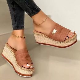 Pantofole con zeppa estiva da donna Canapa casual Suole spesse Tacchi alti Sandali con plateau Moda Outdoor Beach Ladies Slides Flip Flop K78