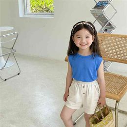 여름 소녀 패션 쿨 니트 조끼 5 색 얇은 민소매 탑스 어린이 모든 일치 티 210708
