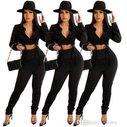Women Two Piece Pants Set Design Drawstring Fold Pleated Shirt Breasted Cardigan Fashion High Waist Casual Jogging Suit