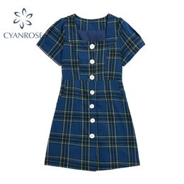 Plaid Cardigan Crop Dress Women Summer New Short Sleeve Mini Dresses Korean Female Casual Vintage Preppy Style Vestidos 210417