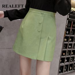 Autumn Winter PU Leather Wrap Pleated Women's Skater Skirts High Waist Sheath A-Line Sexy Mini Female 210428