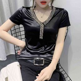 summer Casual Diamond decoration T-shirt Short sleeve V-neck Top Women T Shirt Plus Size 210507