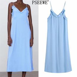 Woman Blue Ruffle Summer Long Dresses Women Casual Backless Sexy Slip Dress Ladies Sleeveless Beach 210519