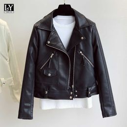 LY VAREY LIN Autumn Pu Faux Leather Jackets Women Rivets Ribbons Pockets Zippers Outerwear Short Slim Moto Biker Coats 210526