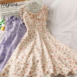 Neploe Women Summer Bohemian Bandage Strap Short Dress Korean Floral Print V-neck Ruched Dresses Sundress Holiday Mini Vestidos 210423