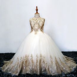 Princess Champagne High Low Flower Girl Dresses Sheer Neck Long Sleeve Appliques Beads Girls Formal Party Birthday Gowns Toddler Pageant Dress 403