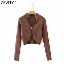 Zevity Women Sexy Stand Collar Pleated Zipper Decoration Short Knitting Sweater Female Chic Casual Slim Tops S643 210603