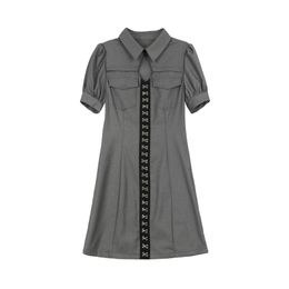 Grey Black Turn Down Collar Short Sleeve Mini Dress Elegant Solid Summer Women Female D1958 210514