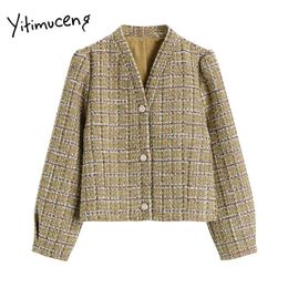 Yitimuceng Yellow Jackets for Women Fall Coat Plaid Short Style V-Neck Button Single Breasted Crop Top Korean Fashion 210601