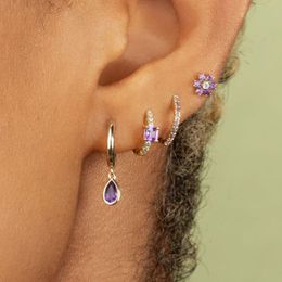 purple wedding earrings Australia - Hoop & Huggie Charm Water Drop Purple Crystal Earrings For Women Thin Gold Round Circle CZ Wedding Jewelry Pendientes