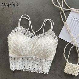 Neploe Sexy V Neck Shoulder Strapless Camis Vest Women Summer Lace Hook Flower Slim Tank Tops Solid Clothes Dot Tassel 210510