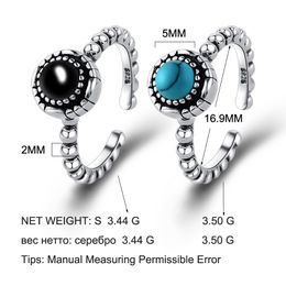 Retro Black Agate Turquoise Beaded Fringes Open Ring For Women Adjustable Fine Jewelry S925 Wholesale Genuine 925 Sterling Silver R