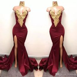 2022 New Sexy African Burgundy Prom Dresses Evening Wear Mermaid Gold Lace Appliqued Front Split 2K18 Elegant Formal Evening Party Gowns