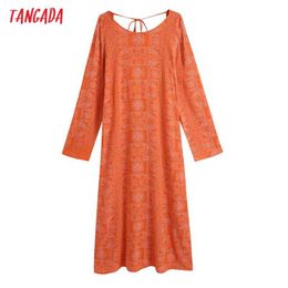 Women Vintage Orange Print Backless Dress Sleeve Back Bow Females Long Dresses Vestidos CE235 210416