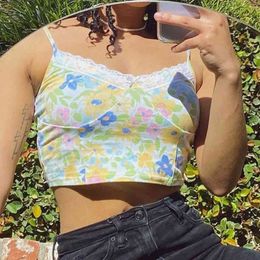 Daisy Printed Y2k Spaghetti Strap Camis Crop Tops For Girls Sexy Women Summer Floral Lace Patched Backless Shirt Tee Tank 210415