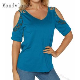Women's T-Shirt Mandylandy Summer Short Sleeve V-neck Off-Shoulder Spaghetti Strap Solid Loose Lace Stitching