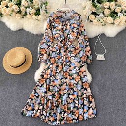 SINGREINY Women Korean Chiffon Print Dress O Neck Puff Sleeve Vacation A Line Dress Autumn Casual Ruffle Maxi Dress 210419