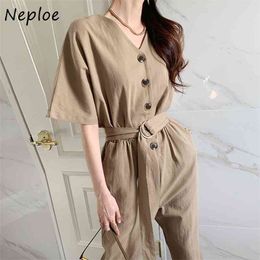 V Neck Short Sleeve Single Breast Jumpsuits Women High Waist Hip Sashes Straight Bodysuits Work Style Ol Solid Playsuits 210422