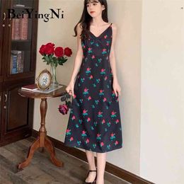 Women Sundress Rose Floral Printed Plus Size Sexy Chiffon V-neck Midi A Line Dress White Black Backless Boho Vestidos 210506