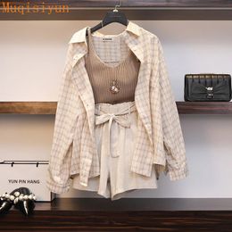 M-4XL Spring Autumn Women Plaid Long Sleeves Shirts + Vest Shorts 3 pcs set Female Casual Suits Oversize A1111 210428