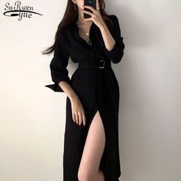 Vintage Solid Colour Button Dress Spring Autumn Shirts for Women Clothing Plus Size Female Long with Belt 13889 210427